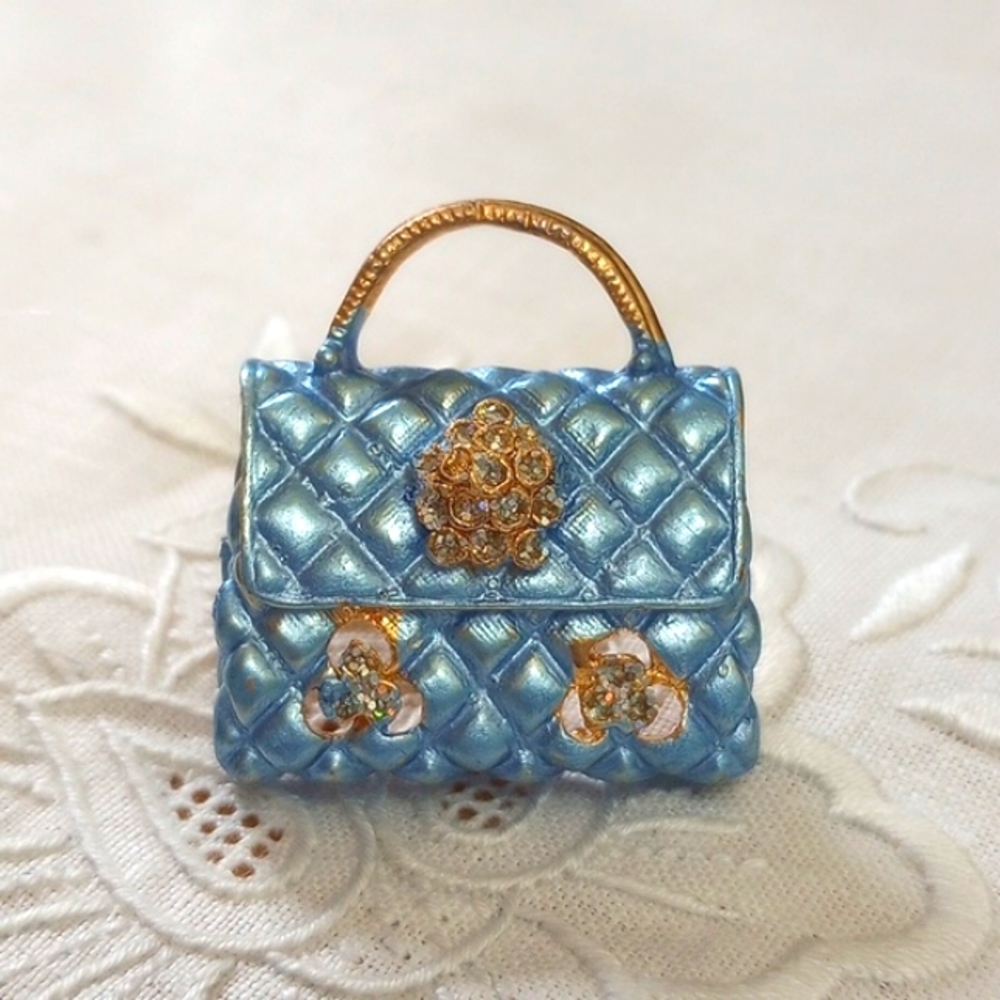 Iridescent Rhinestone powder blue quilted Purse gold tone Brooch